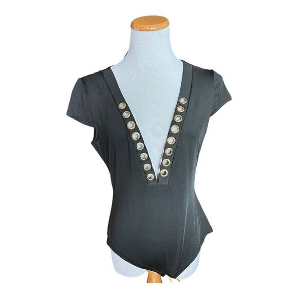Womens Texas Girl Boutique Black with Gold Grommet Deep Plunge Bodysuit- Sz XL - Picture 1 of 2